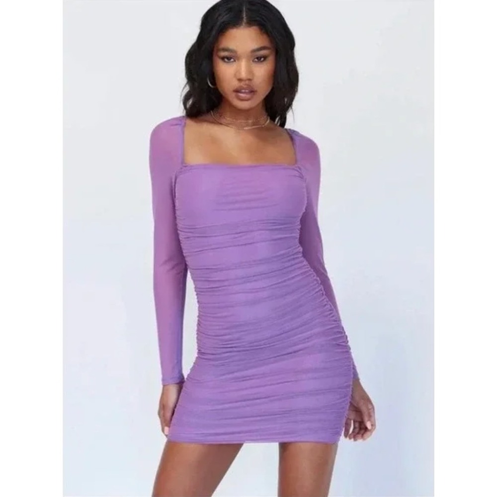 Princess Polly Mini Dress Womens 2 Purple Ruched Mesh Sheer Long Sleeve Bodycon